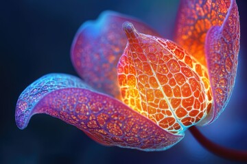 Fototapete - A vibrant macro photograph of a flower with intricate patterns and radiant colors against a dark background.