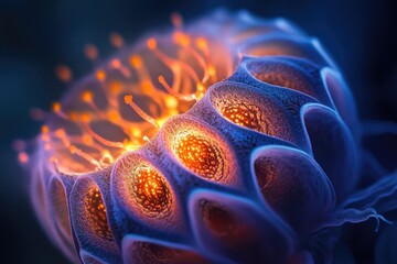 Poster - Abstract close-up image of a cellular structure with glowing orange centers and blue, textured outer layers. It looks like it could be a bacteria.