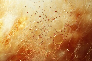 Poster - Abstract image of golden liquid with bubbles, strands and small brown particles, creating a textural effect.