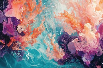 Aufkleber - Abstract art featuring swirling patterns of vibrant orange, pink, purple, and blue hues resembling underwater coral reefs.
