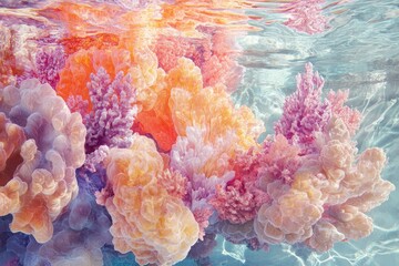 Poster - Underwater world featuring vibrant coral formations in shades of orange, pink, purple, and white under the sun-kissed water's surface.