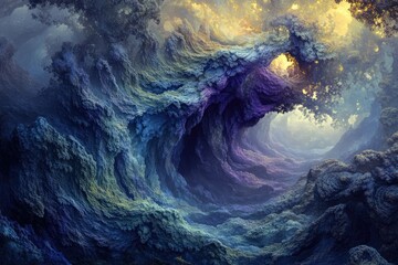 Leinwandbilder - Abstract landscape with swirling blue and purple textures, resembling a surreal, dreamlike environment.