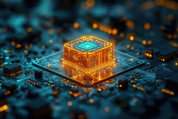 Aufkleber - A detailed view of a glowing CPU on a circuit board, illustrating advanced technology and intricate microchip design with vibrant colors.