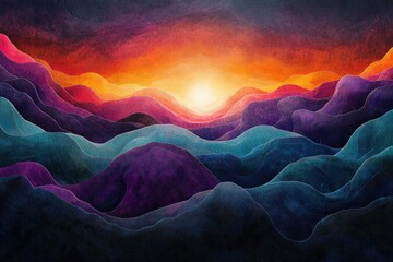 Fototapete - Abstract landscape with layered mountains in shades of blue, purple, pink, and orange against a vibrant sunset sky.