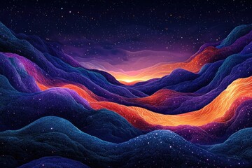 Aufkleber - Cosmic landscape with vibrant, layered mountain ranges beneath a starry night sky, glowing with orange, purple and blue hues.