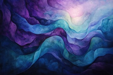 Fototapete - Abstract watercolor painting featuring flowing, wavy lines in shades of purple, blue, and teal with a light ethereal glow.