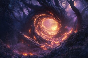 Poster - A mesmerizing portal glowing with golden light, framed by dark, gnarled trees in an ethereal and mysterious forest setting.