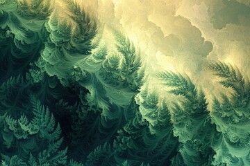 Aufkleber - Abstract fractal art depicting a forest with intricate patterns and a mystical, dreamlike quality with a touch of yellow.