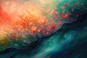 Poster - An ethereal artwork showcases coral-hued flowers emerging from an abstract, wave-like teal and turquoise backdrop.