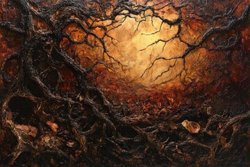 Aufkleber - A textured painting with dark, tangled branches silhouetted against a fiery, golden sky evoking mystery and nature's power.