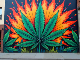 Poster - Vibrant cannabis mural with fiery accents showcasing artistic expression and urban culture cannabis, embodying freedom and creativity on city walls
