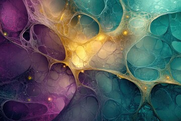 Aufkleber - Abstract organic network in purple, teal and gold hues, resembling cell structures with luminescent details.