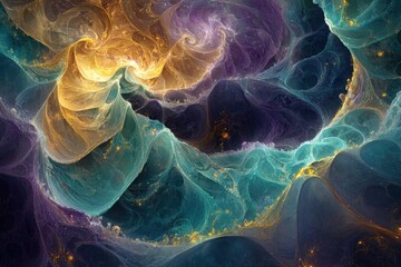 Poster - Abstract art featuring swirls of teal, gold, and purple, resembling a nebula or celestial phenomenon with a dynamic, flowing texture.