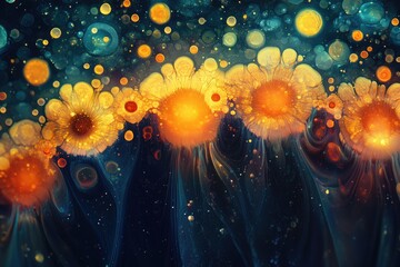 Poster - Glowing yellow floral explosions and scattered luminous droplets against a dark, ethereal, liquid-like backdrop.