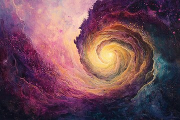 Poster - Swirling cosmic vortex of vibrant purple, pink, and golden hues, resembling a nebula or abstract galaxy.