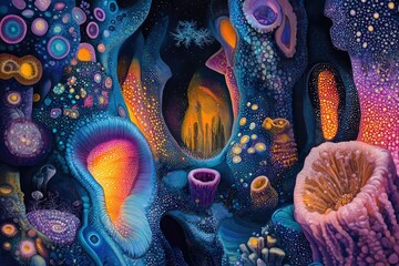 Poster - Abstract underwater scene with vibrant colors showcasing fantastical coral formations and glowing organic structures in a dark ocean setting.