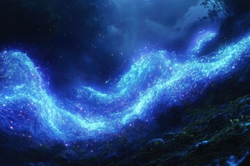 Poster - A mystical blue river of light flows through a dark, magical forest under a cloudy sky.