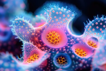 Aufkleber - Microscopic view reveals intricate cell structures with vibrant pink, blue, and orange hues, showcasing their complex cellular architecture.