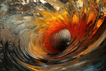 Poster - A captivating abstract of swirling liquid forms a vortex of orange, gold, and grey, with bubbles.