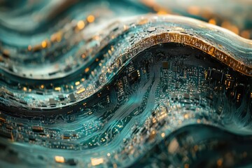 Poster - Abstract circuit board design resembling ocean waves, emphasizing technology, connectivity, and flowing data streams.
