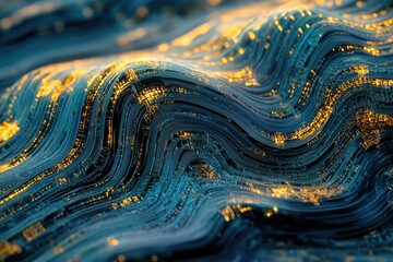Poster - Abstract waves of circuit board design, featuring glowing gold highlights against a dark blue background.