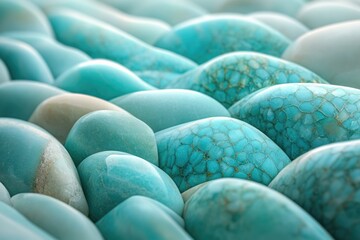 Fototapete - Close-up of smooth, rounded stones in varying shades of teal, turquoise, and tan, creating a calming, textured background.