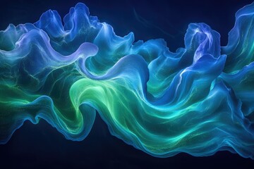 Fototapete - Abstract blue and green smoke-like waves flow gracefully against a dark background, creating a mesmerizing, fluid and ethereal effect.