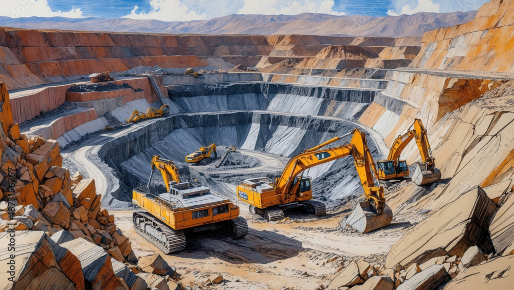 Open pit mine with multiple yellow excavators digging at daytime ...