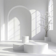 Poster - 3D rendering of white cylindrical objects in a minimalist interior. Generative AI