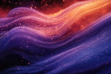 Poster - Abstract image of flowing, sparkling energy waves with a gradient of purple, orange, and red, resembling a nebula or cosmic phenomenon.