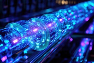 Aufkleber - A close-up of an optical fiber cable transmitting data with blue and purple light, illustrating high-speed internet connectivity and technology.