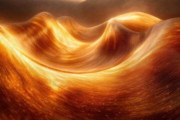 Poster - Abstract landscape of golden waves, shimmering with light and depth, resembling sand dunes or flowing liquid.