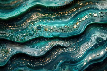 Fototapete - An abstract aerial view of a circuit board mimicking flowing rivers with shimmering lights reflecting off the surface.