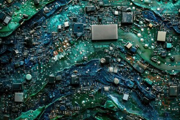 Aufkleber - A detailed macro shot showcasing the intricate components and complex circuitry of a modern electronic motherboard.