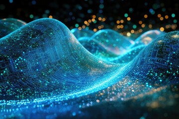 Poster - Abstract digital landscape with circuit board texture, shimmering lights, and a flowing, futuristic design suggesting advanced technology and interconnectedness.