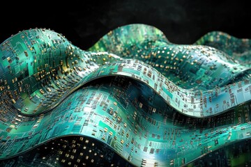 Poster - Wavy layers of intricate circuit boards, suggesting futuristic technology, data flow, and complex interconnected systems, all bathed in shimmering teal and gold tones.