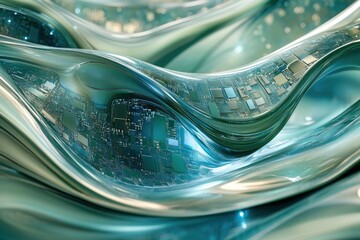 Poster - A futuristic abstract image featuring flowing metallic curves embedded with circuit board patterns, conveying technology and innovation.