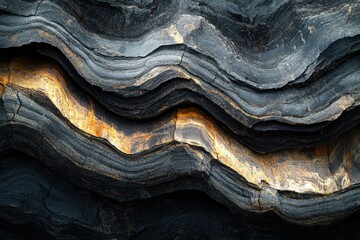 Aufkleber - A dramatic close-up of layered rock formations, showcasing contrasting dark grays and vibrant golden hues, creating a textured visual narrative.