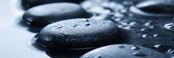 Aufkleber - Close-up of smooth black river stones reflecting soft light on wet surface showcasing minimalist nature texture