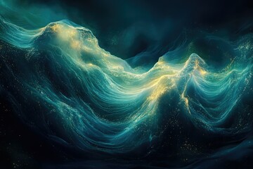 Fototapete - Abstract depiction of luminous waves crashing in a deep, dark sea, shimmering with scattered golden lights, creating a magical atmosphere.