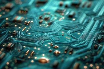 Aufkleber - Close-up of a teal circuit board with intricate pathways, glowing dots, and tiny components, showcasing technology and connectivity in a detailed view.