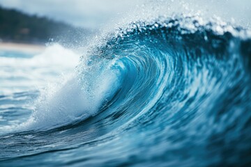 Aufkleber - A powerful, turquoise wave curls, its crest adorned with foamy spray against a blurred, distant shore.