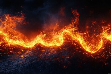 Poster - A river of molten lava flows fiercely under a smoky, dark sky, showcasing nature's raw power.