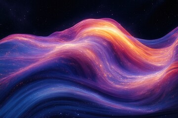 Poster - Abstract cosmic landscape with flowing waves of orange, purple, and blue light, set against a starlit night sky.