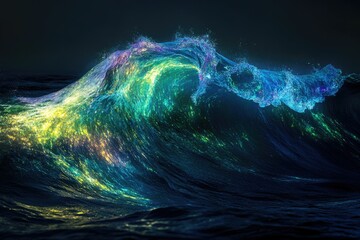 Poster - A vibrant, luminous wave crests in a dark ocean, showcasing a spectrum of radiant colors and dynamic water movement.
