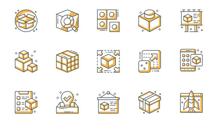 Poster - Abstract product icons set in outline stroke design for web. Pack line pictograms with box package, research, module, component, advertising presentation, item scalable, other. Vector illustration.