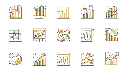 Leinwandbilder - Diagram icons set in outline stroke design for web. Pack line pictograms with growth bar chart, pie data, datum, marketing, analyzing finance, flow, infographic, statistic, other. Vector illustration.