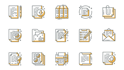 Poster - Document icons set in outline stroke design for web. Pack line pictograms with page, pen, downloading, folder, sync, clip, writing, checklist, email, certificate, printer, other. Vector illustration.