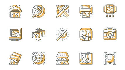 Poster - Images icons set in outline stroke design for web. Pack line pictograms with cloud gallery, paint, drawing tools, print, carousel, sync, auto enhance, photo camera, view, other. Vector illustration.
