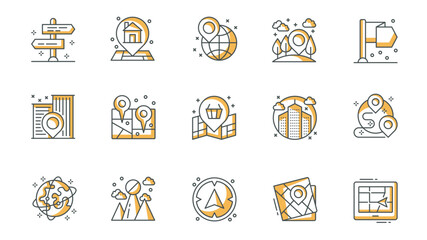 Leinwandbilder - Navigation icons set in outline stroke design for web. Pack line pictograms with direction signpost, home location pin, globe, forest, office, map, house, route, compass, other. Vector illustration.
